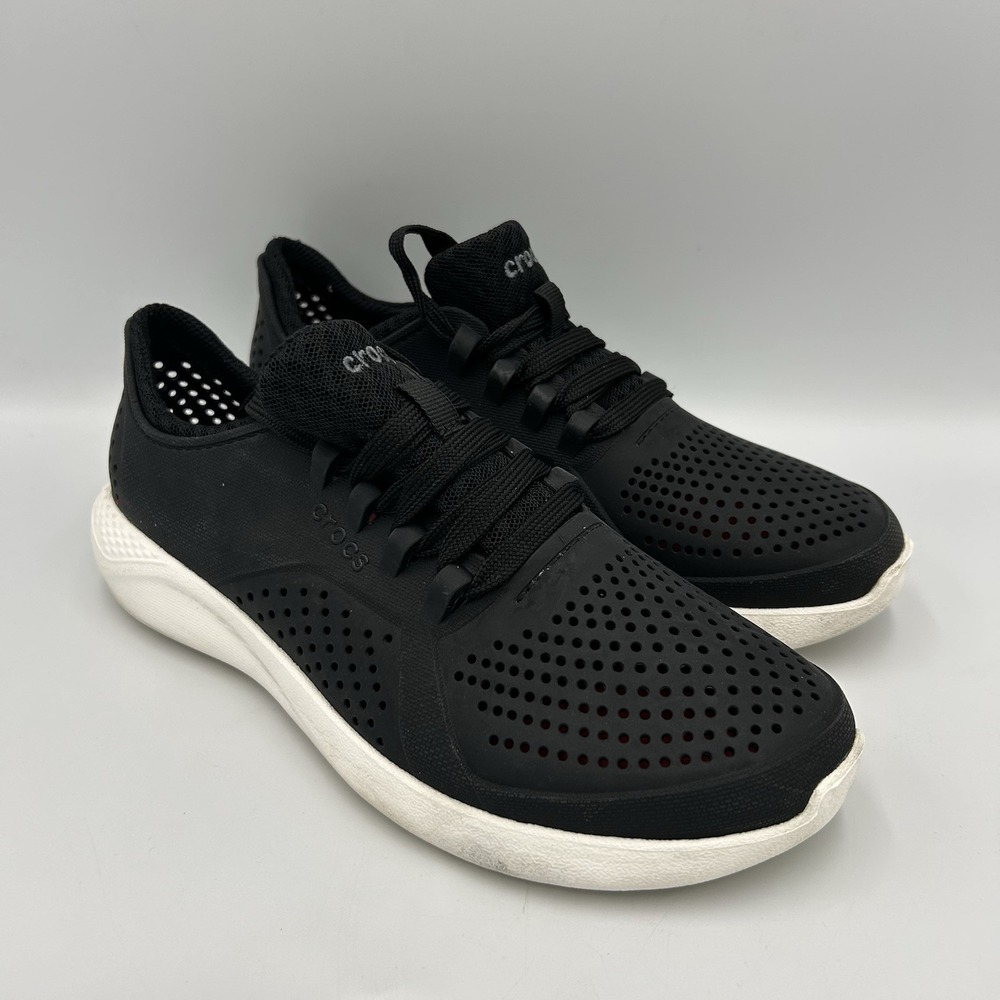 Crocs Lite Ride Pacer Womens W7 Black Athletic Sneakers Lace Up Perforated Shoes